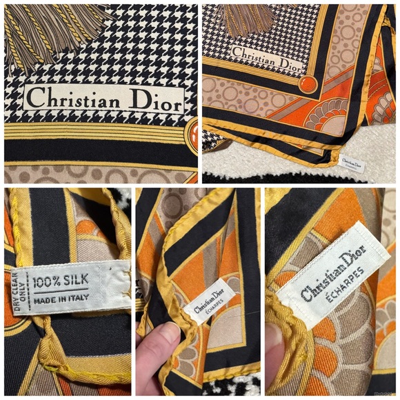 Christian Dior AUTHENTIC Herringbone Logo Vintage Silk Scarf Navy Orange Cream - Picture 13 of 16